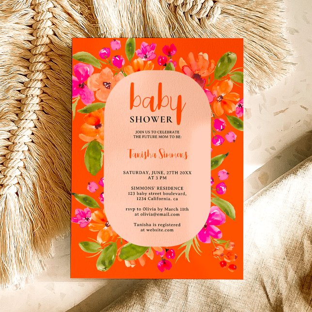 Fall retro orange pink floral script baby shower invitation (Fall boho pink orange floral script baby shower invitation on orange)