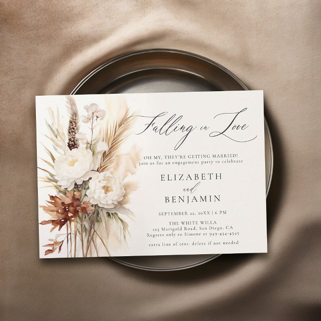 Fall Romantic Bouquet Boho Peony Engagement Party Invitation (fall engagement party invitation falling in love peony pampas rust burnt orange watercolor)