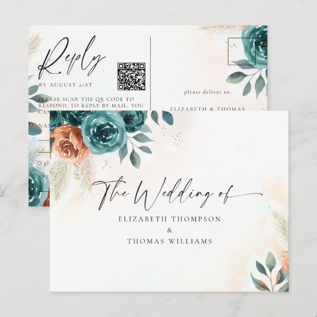Fall Romantic Teal Burnt Orange QR Code RSVP Postcard (Front/Back)