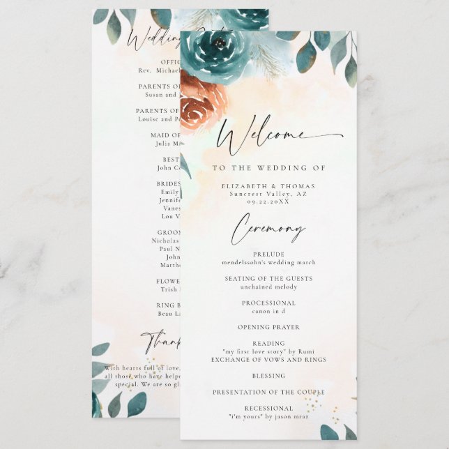 Fall Romantic Teal Burnt Orange Wedding Program (Front/Back)