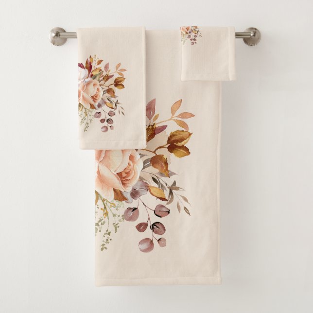 Fall Roses Flowers Orange Rust Yellow Purple Bath Towel Set (Insitu)