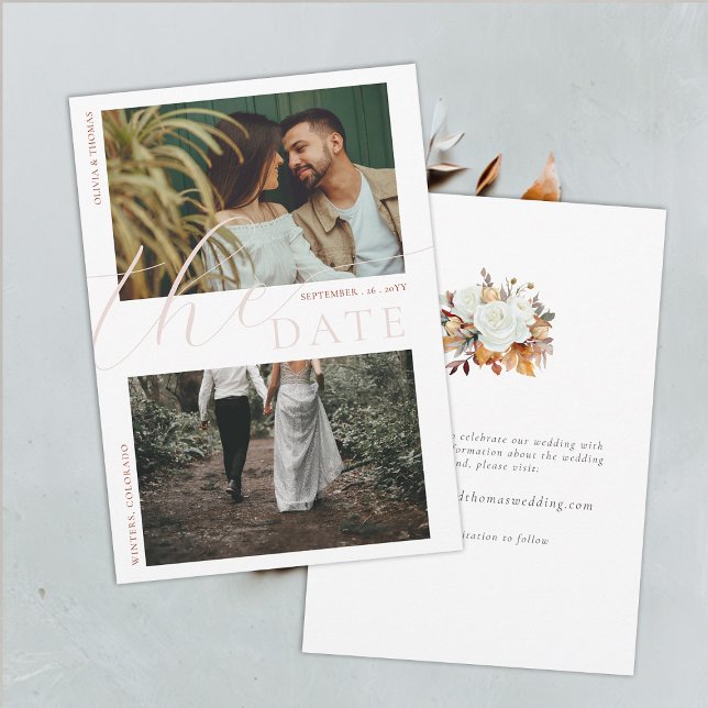 Fall Roses Leaves Chic Wedding 2 Photos Save Date Invitation (fall wedding save the date autumn roses foliage terracotta leaves orange beige elegant rustic boho)