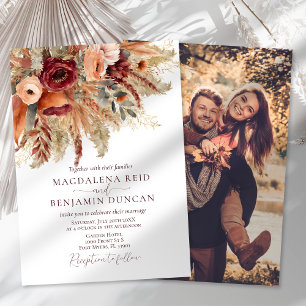 Fall Rust Burgundy Florals Pampas Photo Wedding Invitation