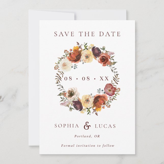 Fall Rust Burgundy Wreath Wedding Save The Date (Front)