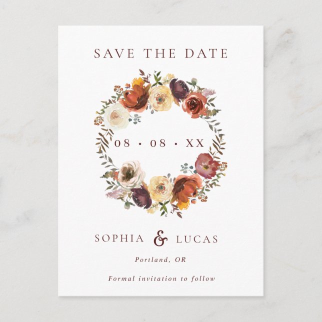 Fall Rust Burgundy Wreath Wedding Save The Date Announcement Postcard (Front)