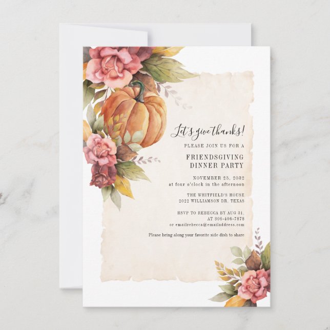 Fall Rust Leaves Pumpkin Friendsgiving Dinner Invitation (Front)