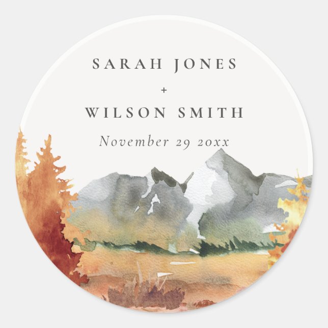 Fall Rust Orange Mountain Trees Foliage Wedding  Classic Round Sticker (Front)