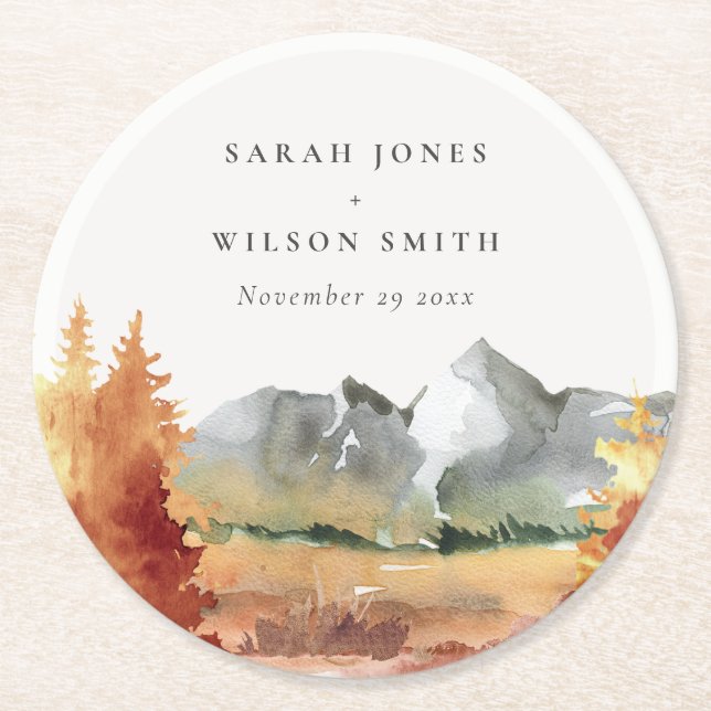 Fall Rust Orange Mountain Trees Foliage Wedding  Round Paper Coaster (Front)