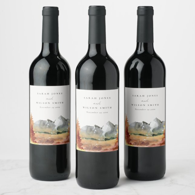 Fall Rust Orange Mountain Trees Foliage Wedding  Wine Label (Bottles)