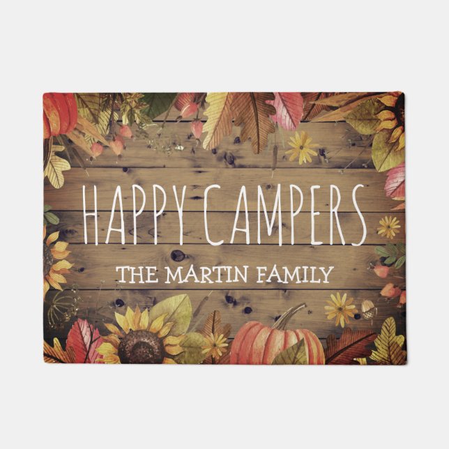 Fall Rustic Barn Wood Personalized | Happy Camper Doormat (Front)