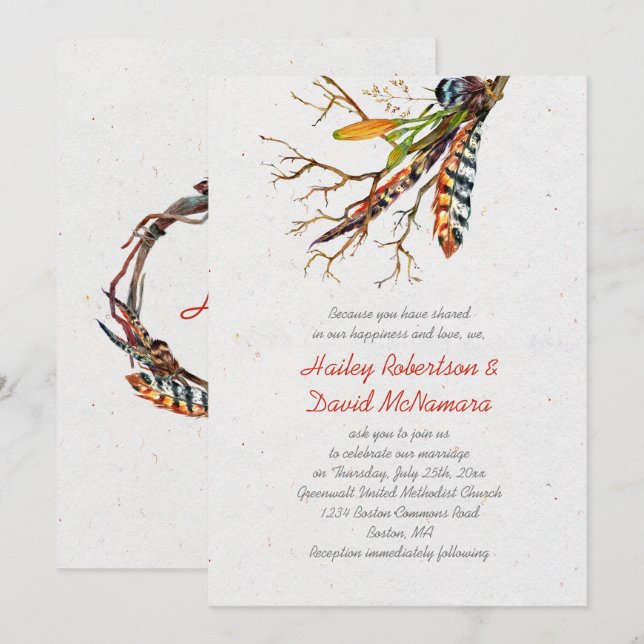 Fall Rustic Boho Feathers Vines Wedding | Invitation (Front/Back)