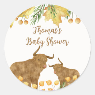 Fall Rustic Boho Highland Cow Baby Shower Classic Round Sticker