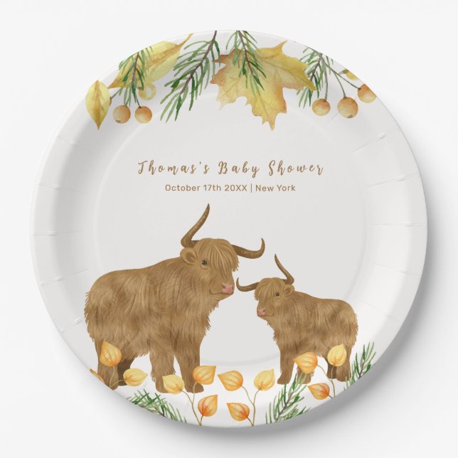 Fall Rustic Boho Highland Cow Baby Shower  Paper Plate (Front)