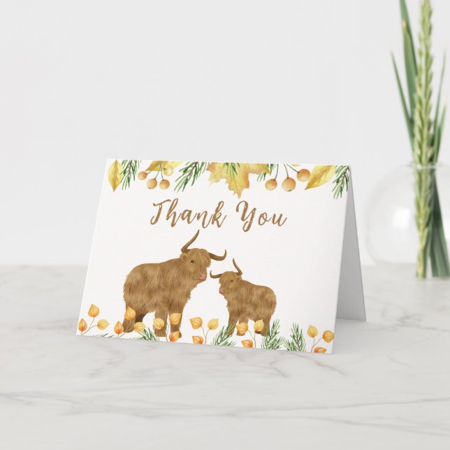 Fall Rustic Boho Highland Cow Baby Shower  Thank You Card (Front)