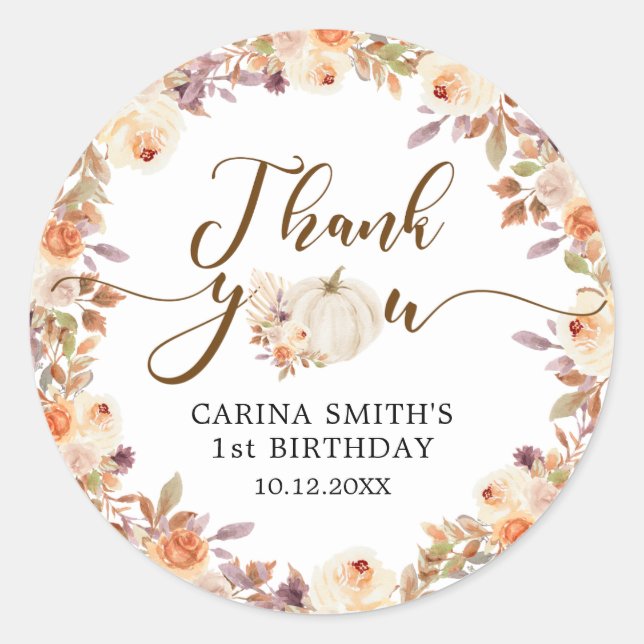 Fall Rustic Boho Pumpkin Onederful Thank You Classic Round Sticker (Front)