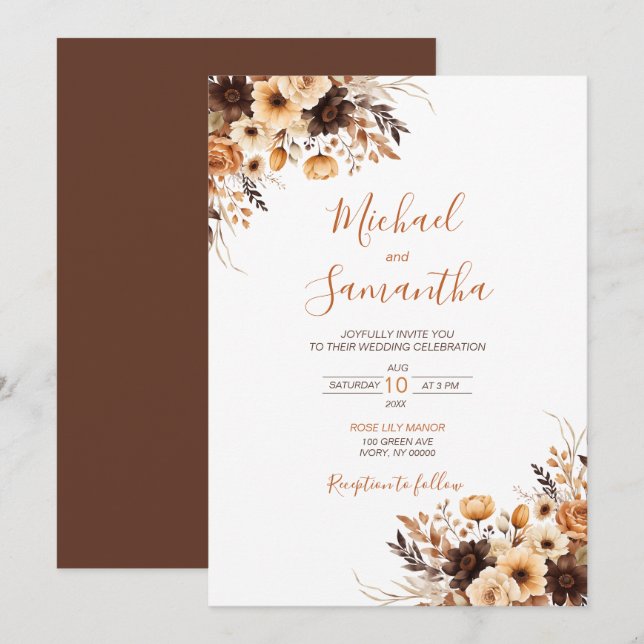 Fall Rustic Brown and Ivory Rose Country Wedding Invitation (Front/Back)