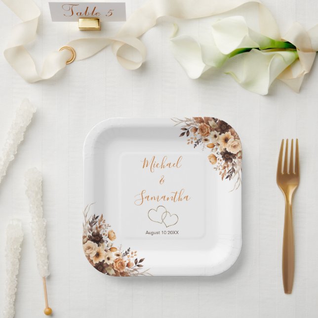 Fall Rustic Brown and Ivory Rose Country Wedding Paper Plate (Wedding)