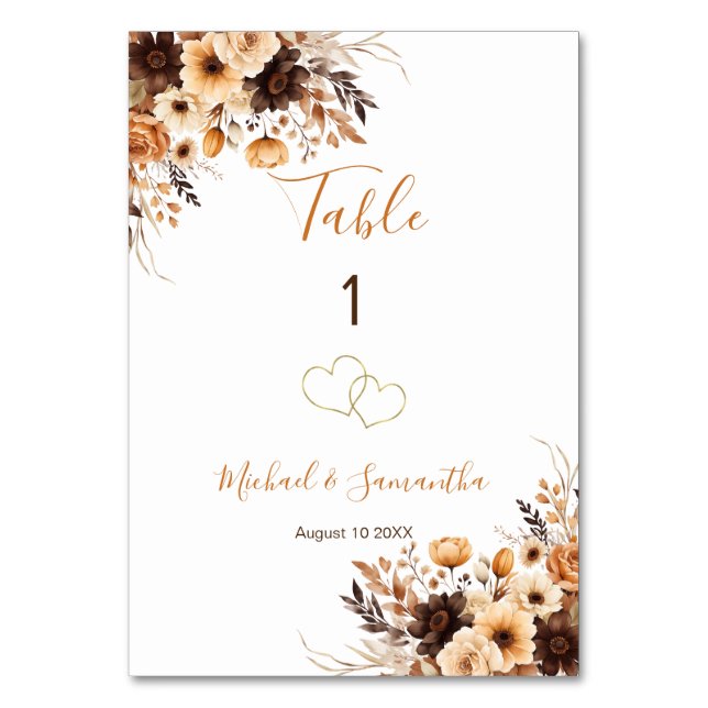 Fall Rustic Brown and Ivory Rose Country Wedding Table Number (Front)