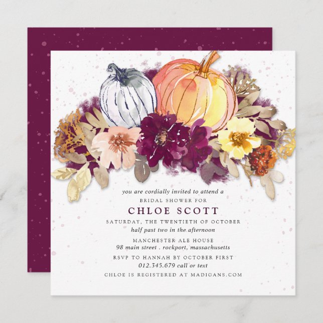 Fall Rustic Burgundy Floral Pumpkin Bridal Shower Invitation (Front/Back)