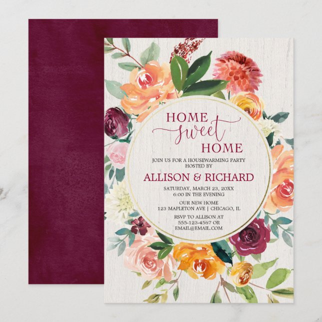 Fall rustic floral burgundy housewarming party invitation (Front/Back)