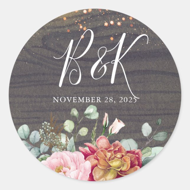 Fall Rustic Flowers Wood Texture Wedding Classic Round Sticker (Front)