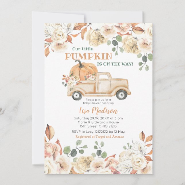 Fall Rustic Peach Pumpkin Truck Baby Shower  Invitation (Front)