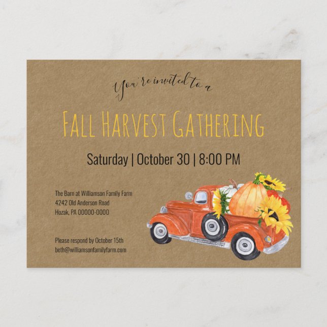 Fall Rustic  Pick Up Truck Pumpkins Fall Party Invitation Postcard (Front)