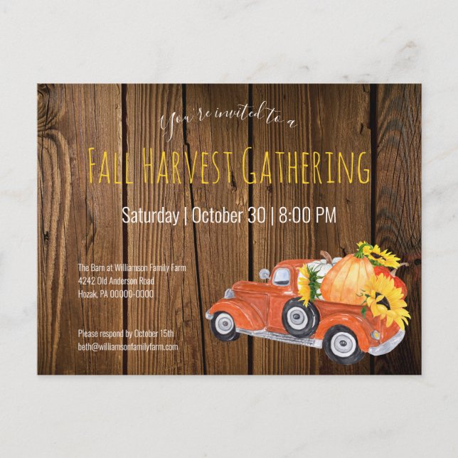 Fall Rustic  Pick Up Truck Pumpkins Fall Party Invitation Postcard (Front)