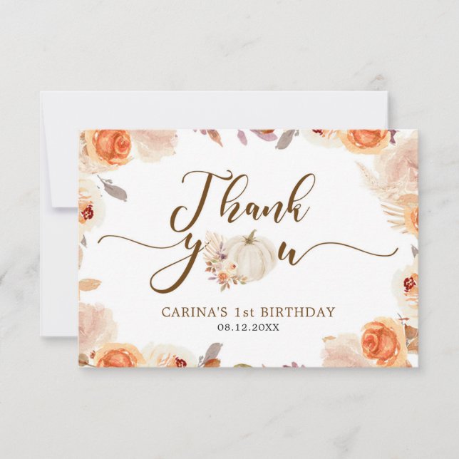 Fall Rustic Pumpkin Onederful Birthday Thank You (Front)