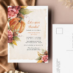 Fall Rustic Pumpkin Thanksgiving Invitation  Postcard<br><div class="desc">Let's give thanks with this fall pumpkin rustic Thanksgiving Dinner Invitation postcard you can easily customize. Featuring rustic fall floral design with a pumpkin and modern typography. 

For further customization,  please click the "customize further" link and use our design tool to modify this template.</div>