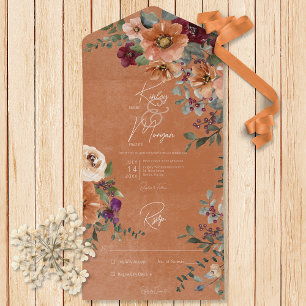 Fall Rustic Rust & Wine Floral Rust No Dinner All In One Invitation