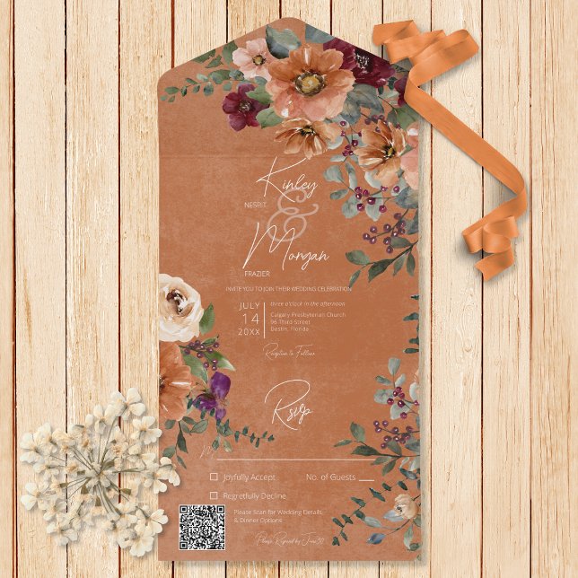 Fall Rustic Rust & Wine Floral Rust QR Code All In One Invitation (Also available without a QR code and with or without dinner selection options.)