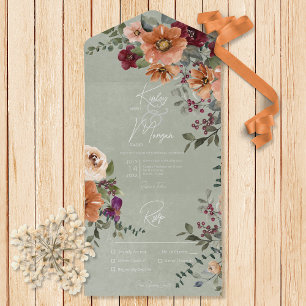 Fall Rustic Rust & Wine Floral Sage Dinner     All In One Invitation