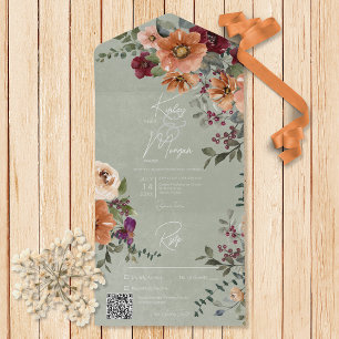 Fall Rustic Rust & Wine Floral Sage QR Code All In One Invitation