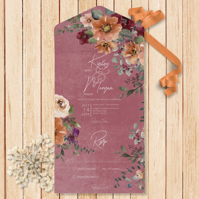 Fall Rustic Rust & Wine Floral Wine No Dinner     All In One Invitation (Also available with a QR code or with dinner selection options.)