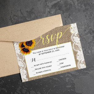 Fall rustic sunflower burlap wedding script rsvp card