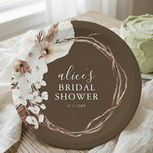 Fall Rustic White Floral Script Bridal Shower Paper Plate