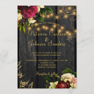 Fall rustic wood and string lights floral wedding invitation