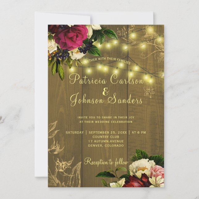 Fall rustic wood and twinkle lights floral wedding invitation (Front)