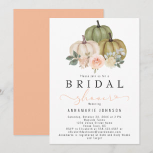 Fall Sage Green and Peach Pumpkin Floral Bridal In Invitation
