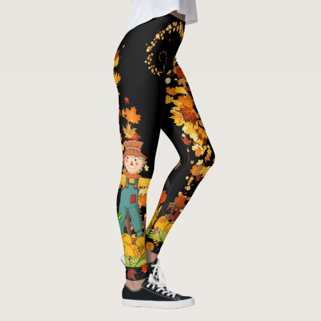 Fall Scarecrow Autumn Leaves Pretty Black or Brown Leggings (Right)