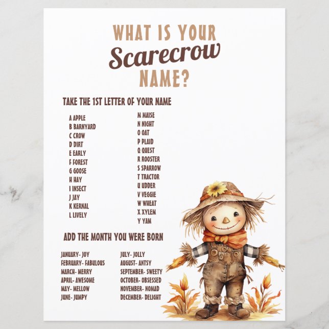 Fall Scarecrow Name Birthday Activity (Front)