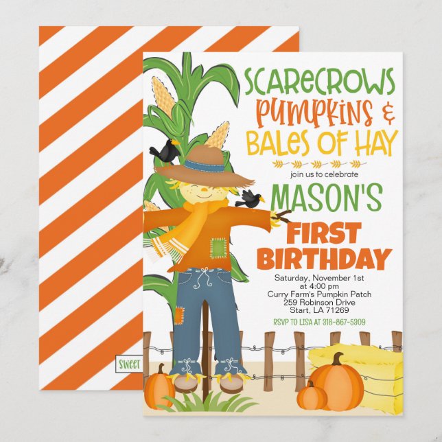 Fall Scarecrow Pumpkin Boy Birthday Invitation (Front/Back)