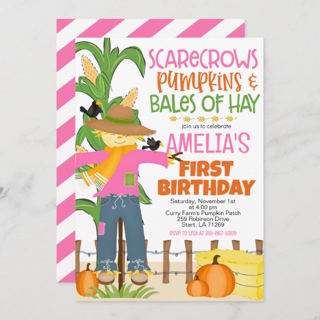 Fall Scarecrow Pumpkin Girl Birthday Invitation (Front/Back)