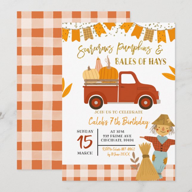 Fall scarecrows pumpkin birthday invitation (Front/Back)