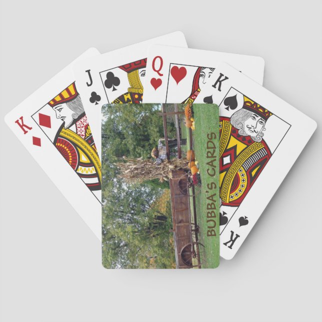 Fall Scene Old-Time Farm Cart, Scarecrow, Pumpkins Playing Cards (Back)