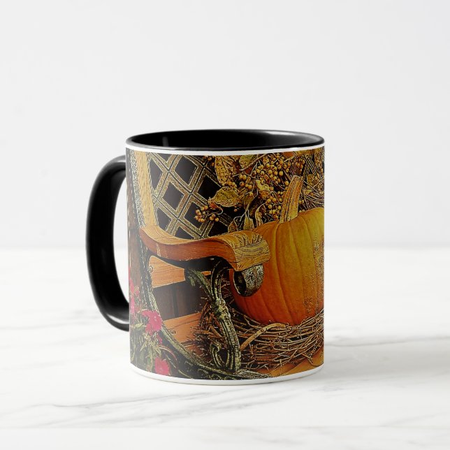 Fall Scene - Pumpkin and Bittersweet Vine On Bench Mug (Front Left)