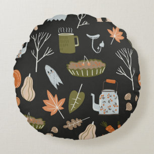 Fall seamless pattern with cozy nature elements. C Round Pillow