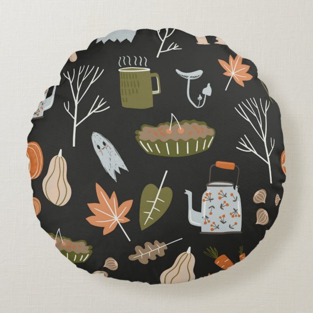 Fall seamless pattern with cozy nature elements. C Round Pillow (Front)
