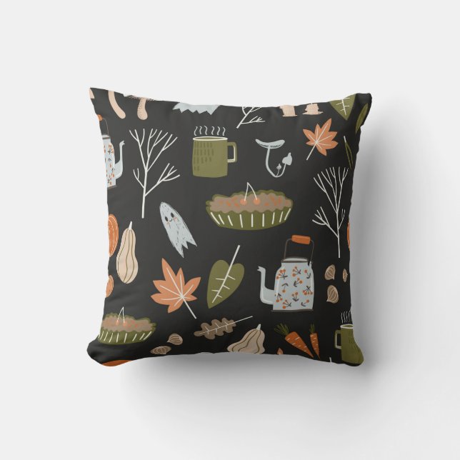 Fall seamless pattern with cozy nature elements. C Throw Pillow (Front)